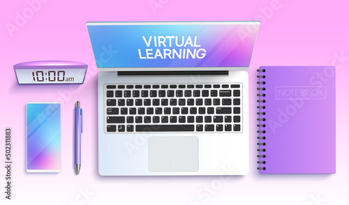 Distance learning vector concept design. Virtual learning text with study elements of laptop, phone and notebook in pastel color for home school online education. Vector illustration.
