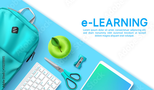 Online education vector background design. E-learning text with backpack bag, tablet and keyboard device elements in blue color for educational distance learning messages. Vector illustration.
