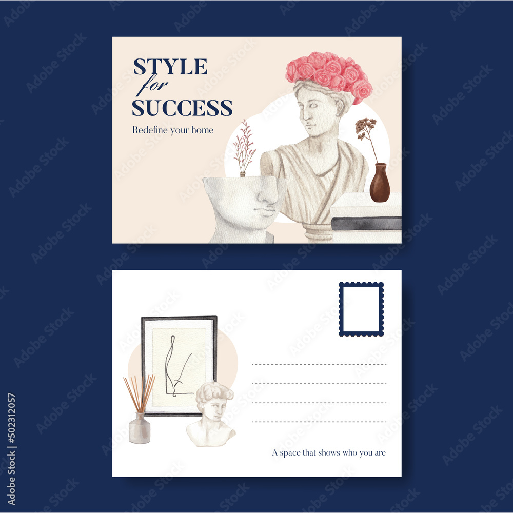 Postcard template with nordic antique home concept,watercolor style