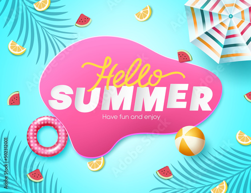 Summer season vector concept design. Hello summer text in abstract shape with fruit slice, umbrella and beachball elements for fun and relax holiday greeting. Vector illustration.
