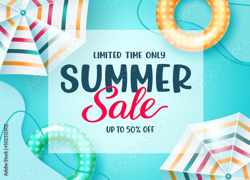 Summer sale vector banner design. Summer limited time only text with tropical items of floaters and umbrella for seasonal promotion discount ads. Vector illustration.
