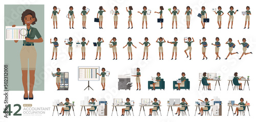 Big Set of Accountant woman wear green color suit character vector design. Presentation in various action. People working in office planning, thinking and economic analysis.