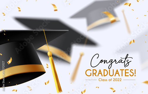 Graduation greeting vector background design. Congrats graduates text with 3d mortarboard cap and elegant gold confetti for graduation ceremony messages. Vector illustration.
 photo