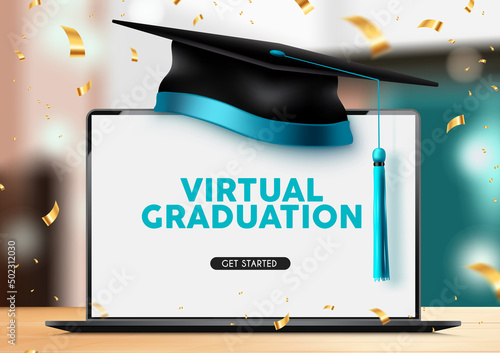 Online graduation vector concept design. Virtual graduation text in laptop screen with 3d mortarboard cap and confetti celebration elements for online video ceremony. Vector illustration.
