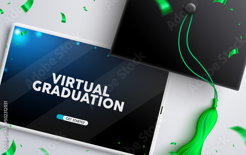 Online graduation vector concept design. Virtual graduation text in tablet phone device with 3d mortarboard cap elements for online video ceremony and greeting. Vector illustration.