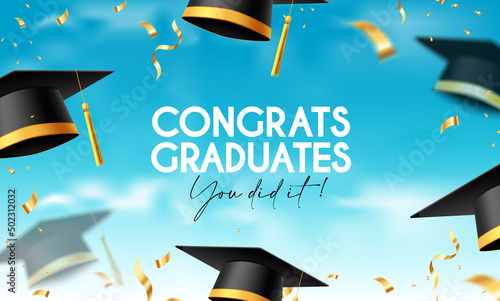 Graduation greeting vector background design. Congrats graduates text with 3d cap throwing celebration and elegant gold confetti for graduation ceremony messages. Vector illustration.
