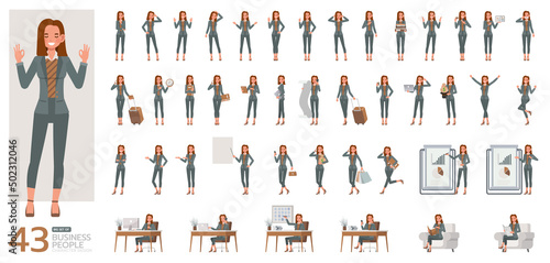 Big Set of office woman wear green suit character vector design. Presentation in various action. People working in office planning, thinking and economic analysis. © yindee