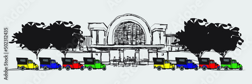 Jakarta Kota train station and Bemo. Bemo = is a means of public transportation in the city, three-wheeled and motorized. vector illustration
