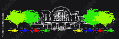 Jakarta Kota train station and Bemo. Bemo = is a means of public transportation in the city, three-wheeled and motorized. vector illustration
