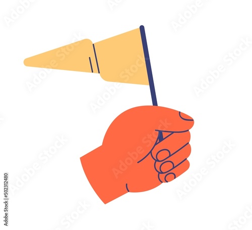Hand holding flag icon. Achieving goal, victory, success, reached business aim, destination concept. Successful completed finish, reaching end. Flat vector illustration isolated on white background