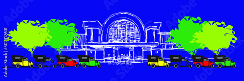 Jakarta Kota train station and Bemo. Bemo = is a means of public transportation in the city, three-wheeled and motorized. vector illustration
