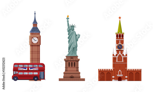Statue of Liberty and Kremlin Tower as Famous City Landmark and Travel and Tourism Symbol Vector Set