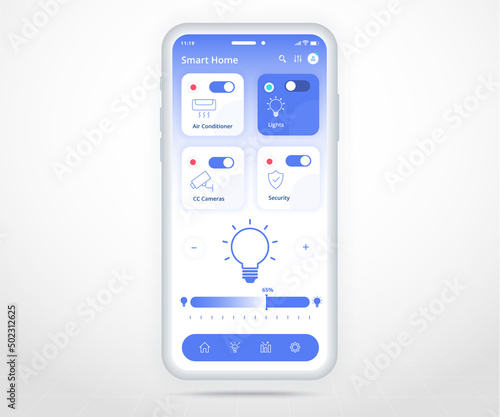 Smartphone smart home controlled app UX UI, IOT Internet of things technology, Digital future home automation tech, smart devices application phone, Wifi cctv lighting heating air, vector illustration