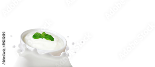 Yogurt in bowl falling in to the milk splashed isolated on white background with space, The movement of Organic dairy and cream product, Healthy drinks probiotic, Ketogenic diet food for health care.