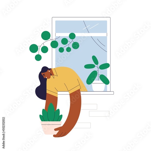 Happy woman in open window decorating house wall from outside. Person with potted home plant in hands. Female with houseplant for urban jungle. Flat vector illustration isolated on white background