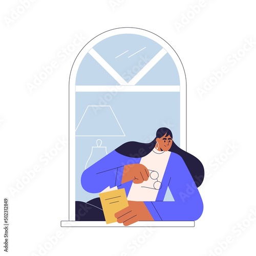 Woman looking outside open window of house. Person staying indoors at home, reading book. Student inside apartment watching outdoor lifestyle. Flat vector illustration isolated on white background