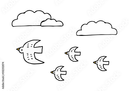 羽ばたく鳥と雲のゆるいベクターイラストセット