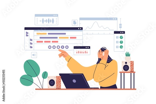 Sound designer in headphones at laptop computer with professional multimedia software. Woman listening music, working with audio at PC. Flat graphic vector illustration isolated on white background