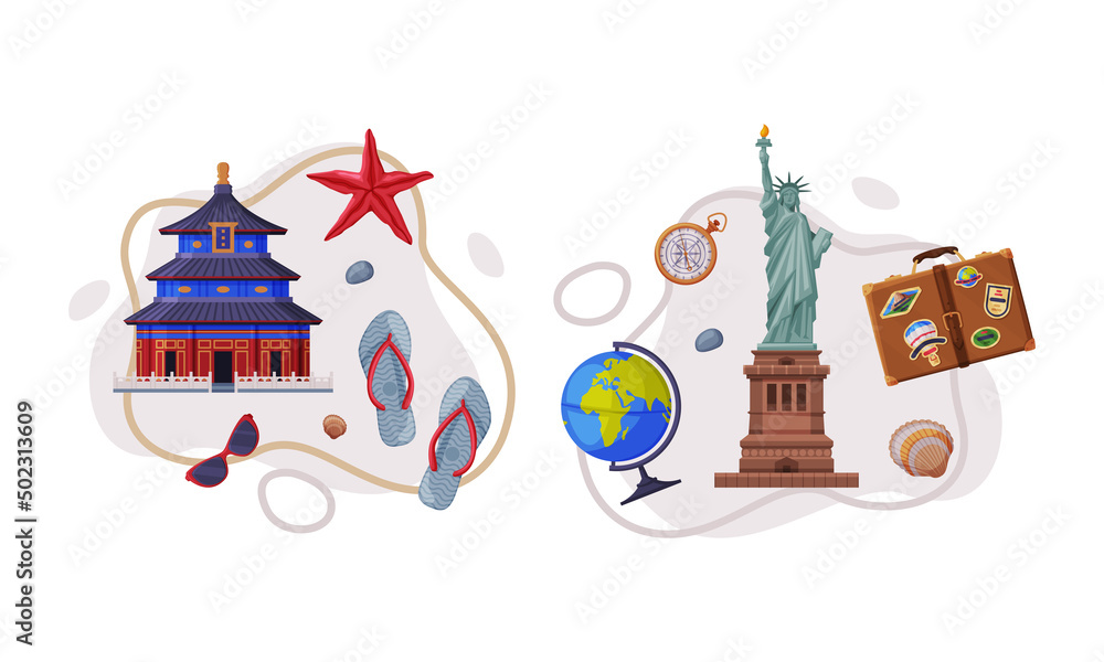 Travel and Tourism Attribute with Statue of Liberty and Pagoda Temple as City Landmark Vector Composition Set