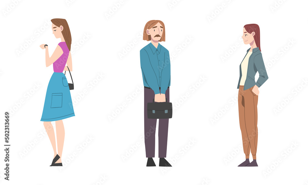 Standing Man and Woman Waiting with Patience for Something Vector Set Standing Man and Woman Waiting with Patience for Something Vector Set