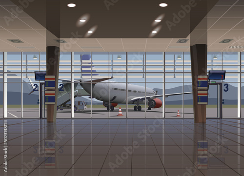 A large hall of the airport terminal, outside the window there is a landing on the plane. Vector.