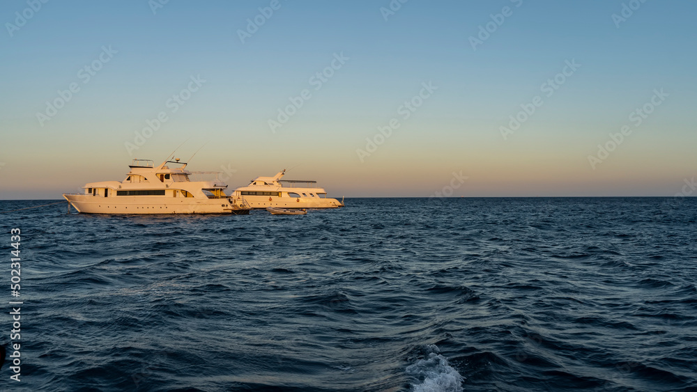 Two white yachts in the Red Sea are illuminated by the evening sun. Ripples on the blue water. Clear azure sky. The golden hour. Egypt