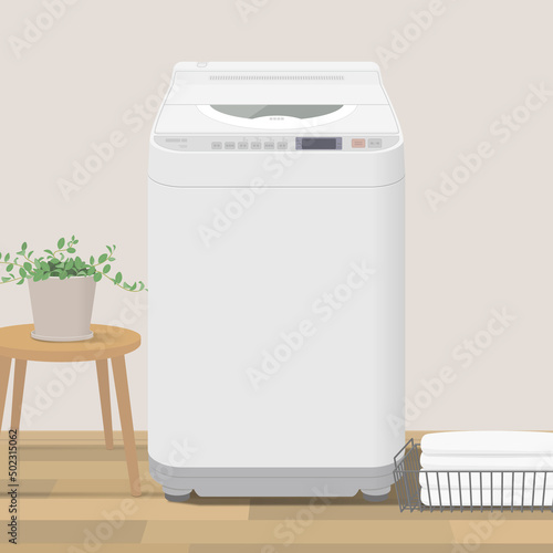 Vector illustration of top loader washing machine in home laundry room.	