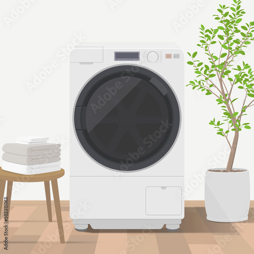 ドラム式洗濯機が置かれたランドリールームのイラスト