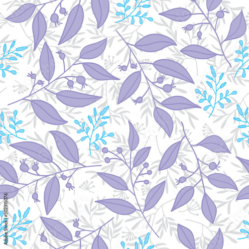 Floral pattern with purple  blue and gray leaf on white background. Beautiful seamless vector illustration