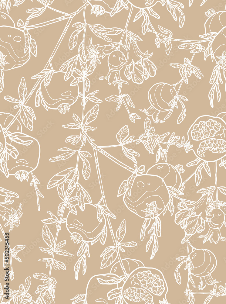 Fototapeta premium Pomegranate branches pattern. White fruit, twigs and leaves on beige background