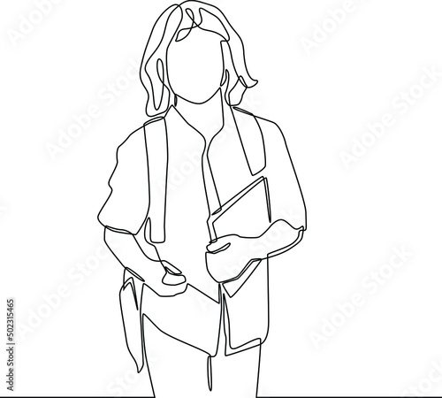 Single continuous line drawing of schoolgirl style with hold note and bag . End of school. Education concept one line draw design graphic vector illustration.