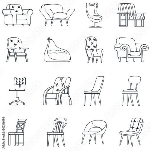 Comfortable armchairs collection outline icon collection set