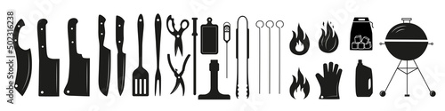 Barbecue, grill tools set. Vector stock illustration isolated on white background for design packaging, logo, menu in restaurant, butcher shop. 