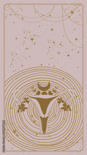 Mystical boho poster, sacred golden uterus on a background with stars. Feminine background for stories, esoteric vector flyer. Vector sketch for tantra, pregnancy, female power.