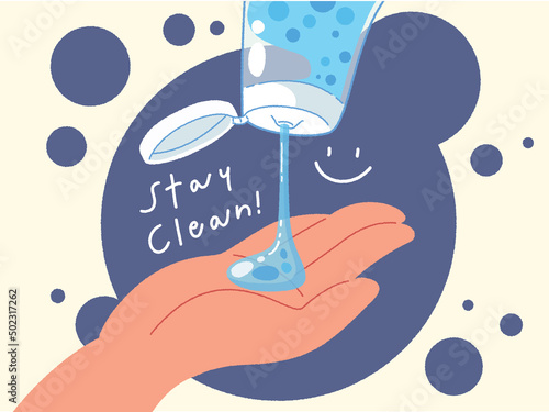 Flat style vector illustration of hand cleaning for prevent virus. Pouring alcohol gel on hand to clean virus and germs. stay clean cute illustration. Coronavirus, flu, bacteria, COVID-19
