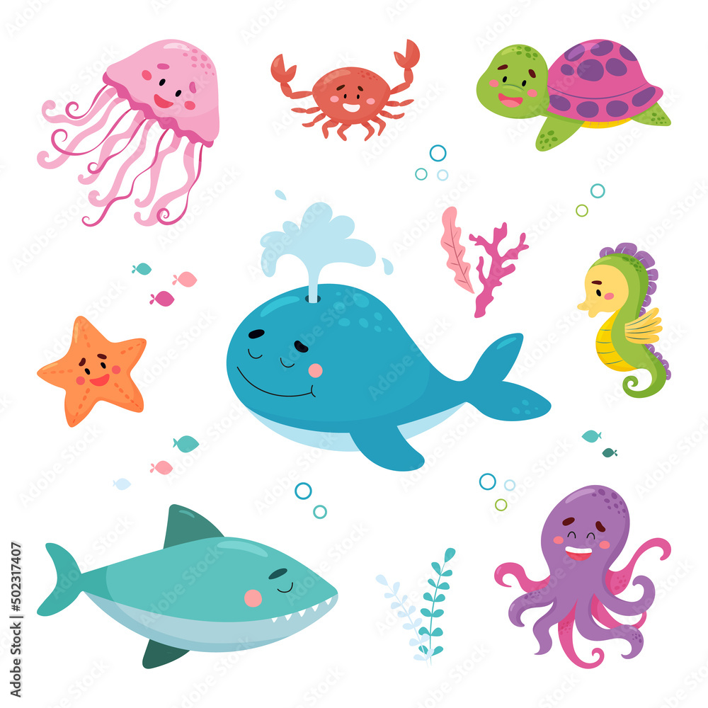 Fototapeta premium Sea animals vector set. Idea for postcards, invitation, poster for kids, baby wear.