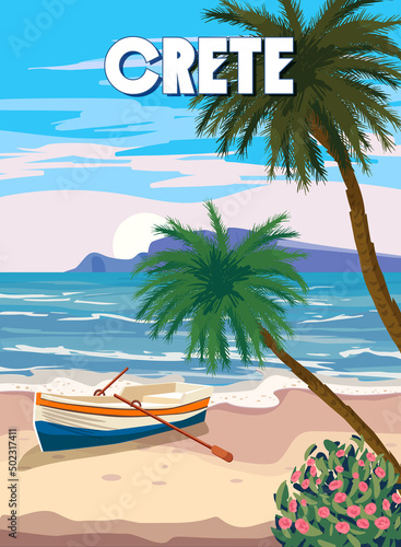 Crete Poster Travel, Greek seascape, beach, palms, boat, poster, Mediterranean landscape. Vintage style © hadeev