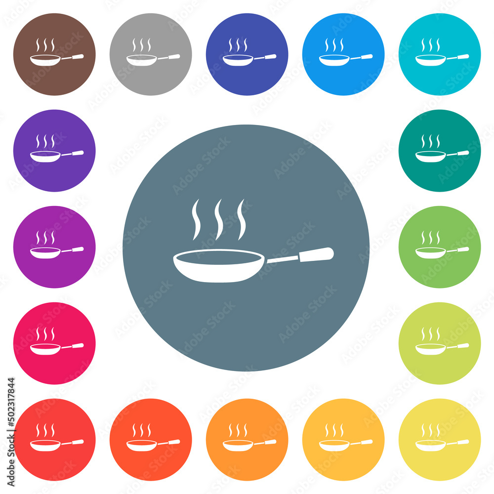 Steaming frying pan flat white icons on round color backgrounds Steaming frying pan flat white icons on round color backgrounds