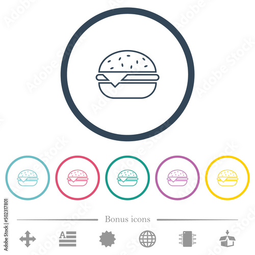 Single cheeseburger outline flat color icons in round outlines