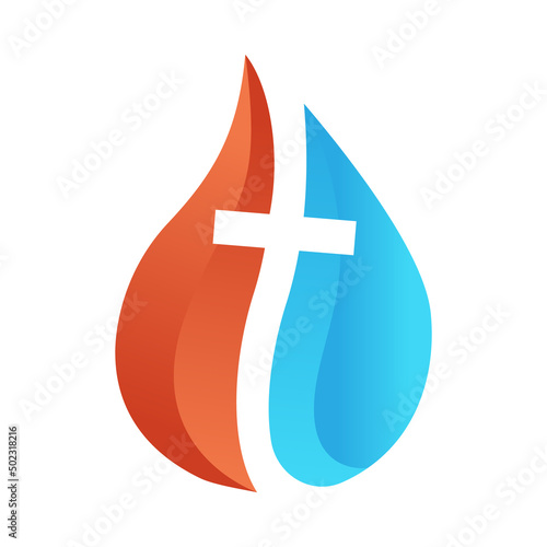 water and fire logo with christ cross symbol in between. Illustration of flame and water drop. Combination concept of fire, water, cross, ice.
