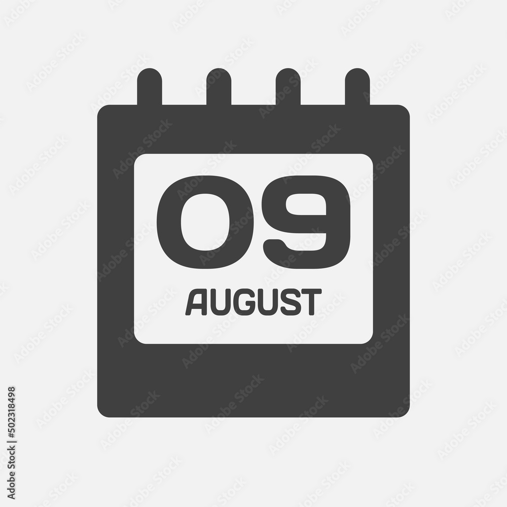 Icon day date 9 August, template calendar page Icon day date 9 August, template calendar page