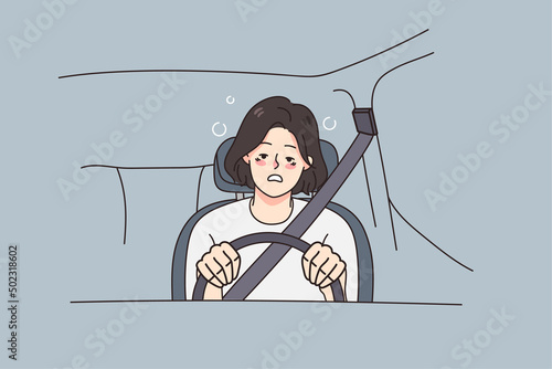 Tired young woman driving car feeling unwell suffer from health problems. Exhausted female driver struggle with depression or burnout, have physical or mental issues. Vector illustration. 