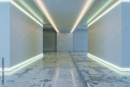 Fotografie, Obraz Modern space corridor interior with white lights and mock up place on wall