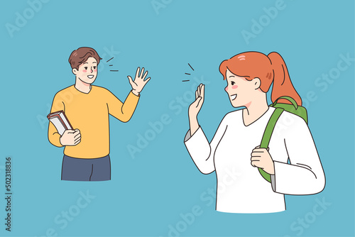 Smiling diverse colleagues say bye wave with hand after job in office. Happy man and woman employees or coworkers greeting or show hello. Friendship and communication. Vector illustration. 
