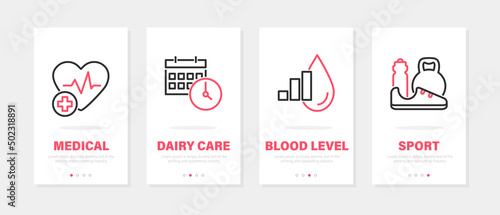 Health care onboarding templates. Medical vertical banners with linear icons