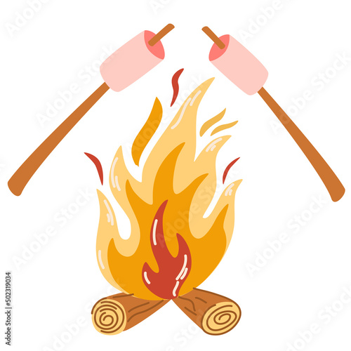 Fried marshmallows on the fire. Bonfire with marshmallow. Sweets roasting on fire. Picnic or camping. Hand drawn vector illustration isolated on white background
