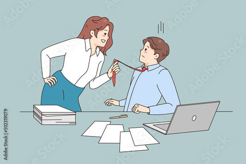 Young woman employee pull male employee tie seduce him at workplace. Female worker show attraction to man coworker. Sexual harassment and abuse in office. Flat vector illustration. 
