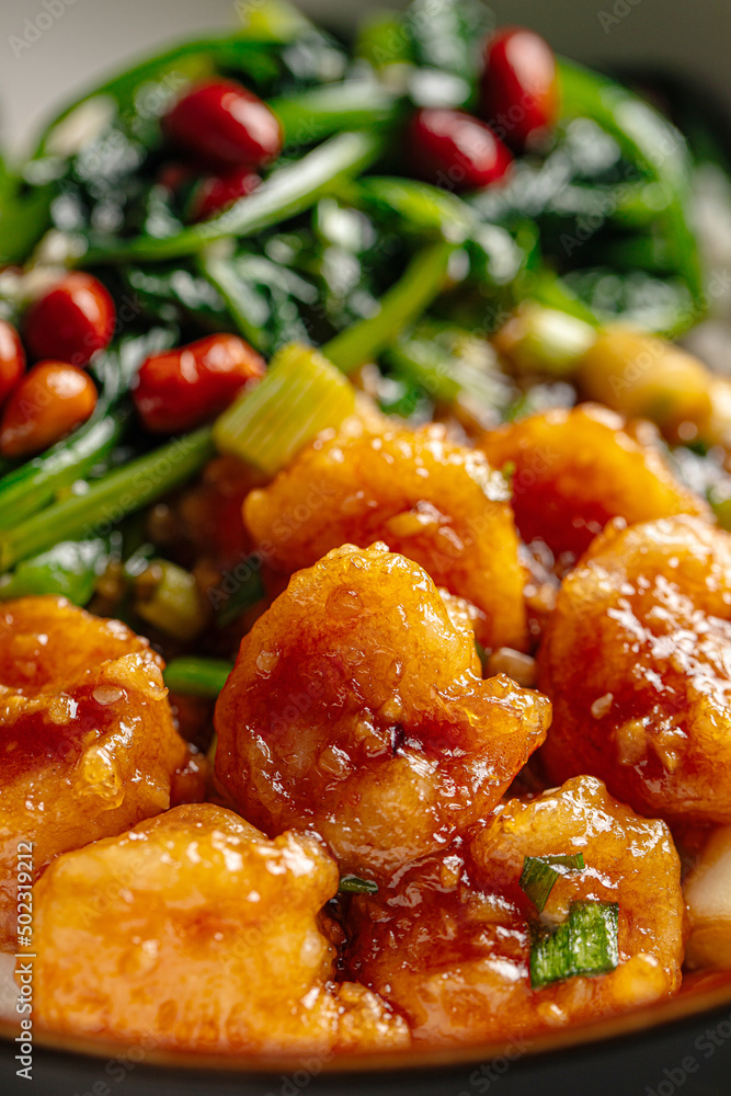 Isolated bowl of asian rice with shrimp and spinach Isolated bowl of asian rice with shrimp and spinach