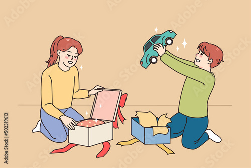 Happy small kids unpack wrapped boxes with presents for birthday. Smiling children feel excited open unbox parcels or gifts for special occasion. Surprise concept. Childcare. Vector illustration. 