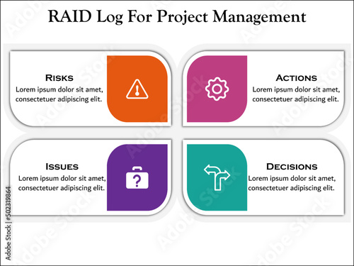 Raid log for Project management with Icons and Description Placeholder. It is used to organize a project/program by tracking risks, actions, issues, and decisions.